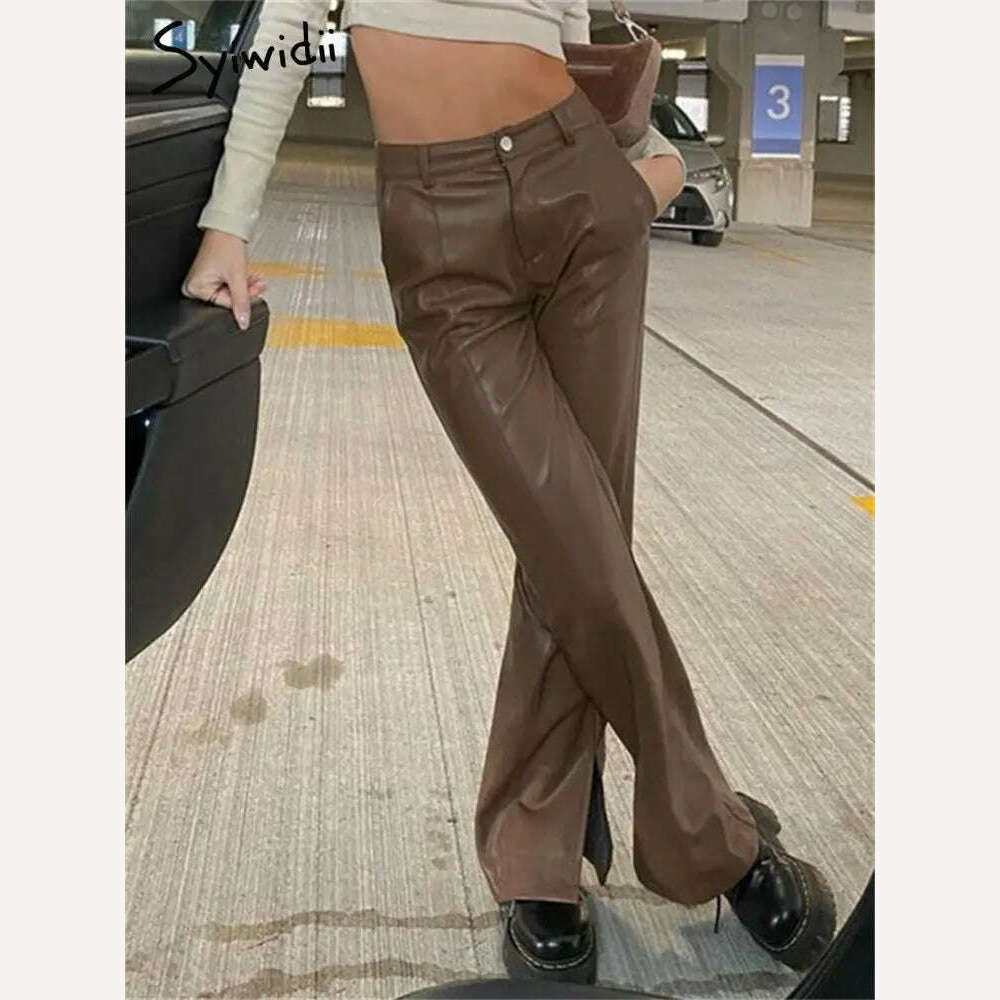 Syiwidii Leather Flare Pants Women Fall Winter 2022 High Waisted Vintage Streetwear Black Brown Wide Leg Pants Fashion Trousers - KIMLUD