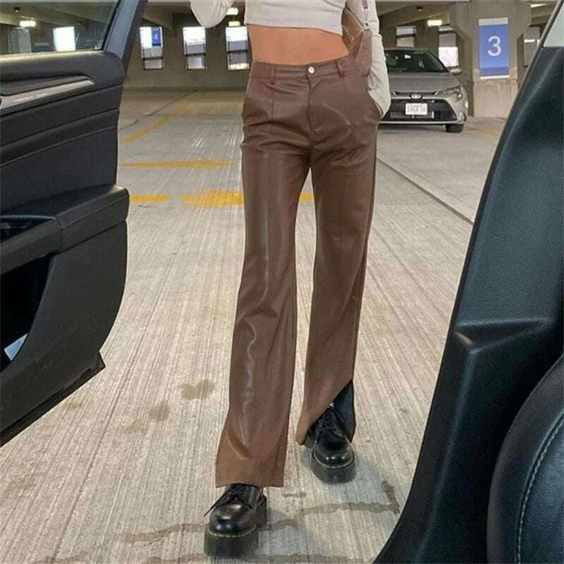 Syiwidii Leather Flare Pants Women Fall Winter 2022 High Waisted Vintage Streetwear Black Brown Wide Leg Pants Fashion Trousers - KIMLUD