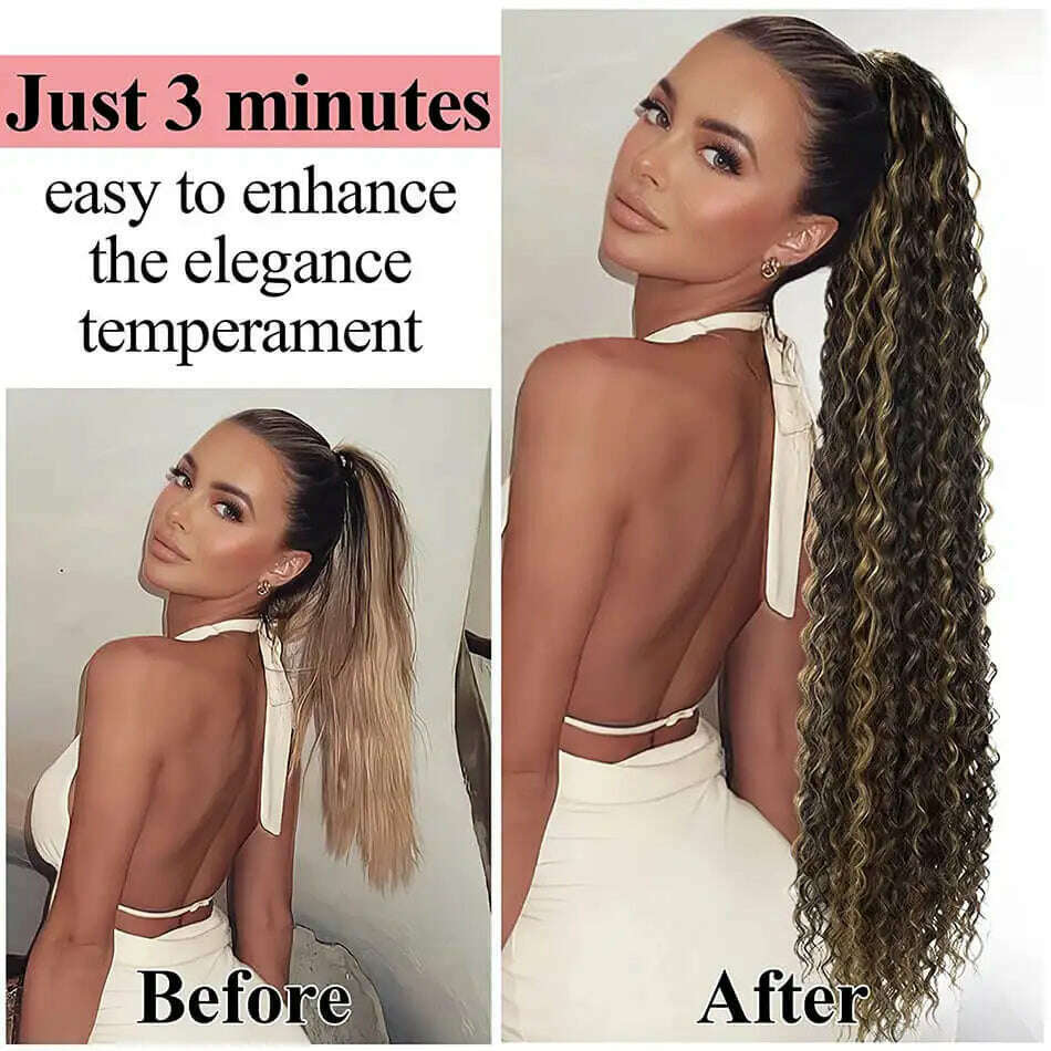 KIMLUD, Synthetic Drawstring Ponytail Long Kinky Curly Ponytail Organic Chip-In Hair Extension P4/27 Clip In Pony-Tail By YAKIBEAUTY, KIMLUD Womens Clothes
