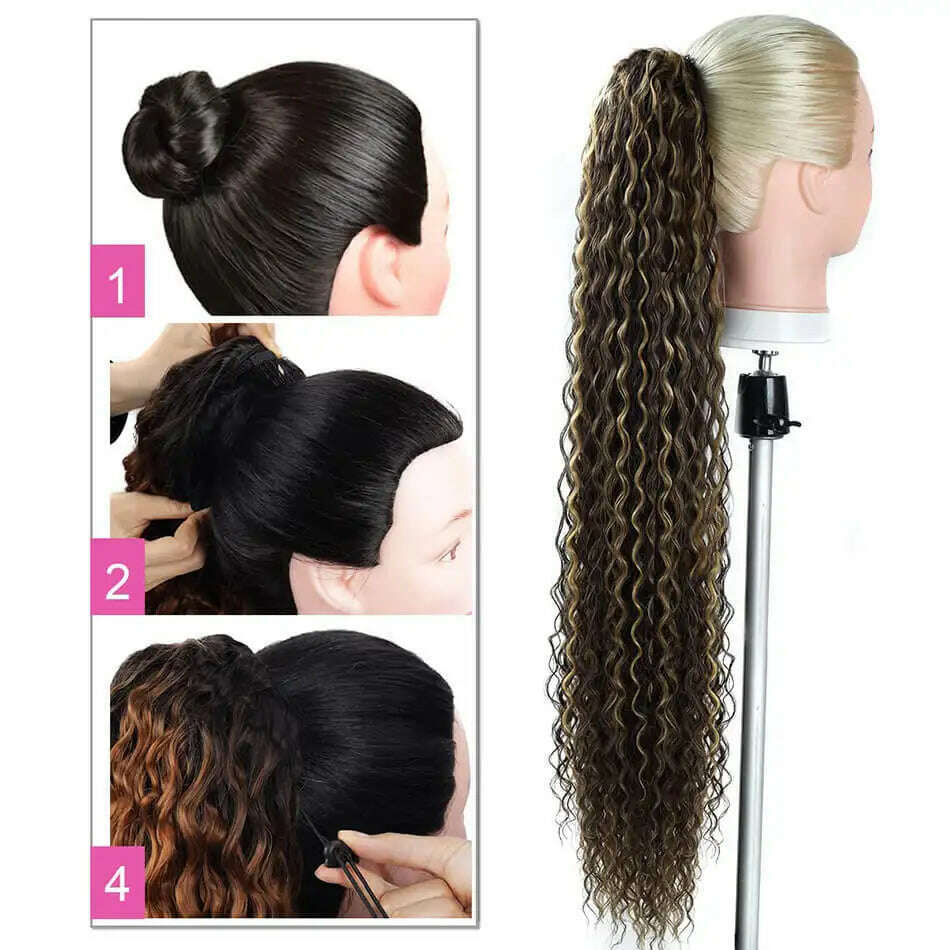 KIMLUD, Synthetic Drawstring Ponytail Long Kinky Curly Ponytail Organic Chip-In Hair Extension P4/27 Clip In Pony-Tail By YAKIBEAUTY, KIMLUD Womens Clothes