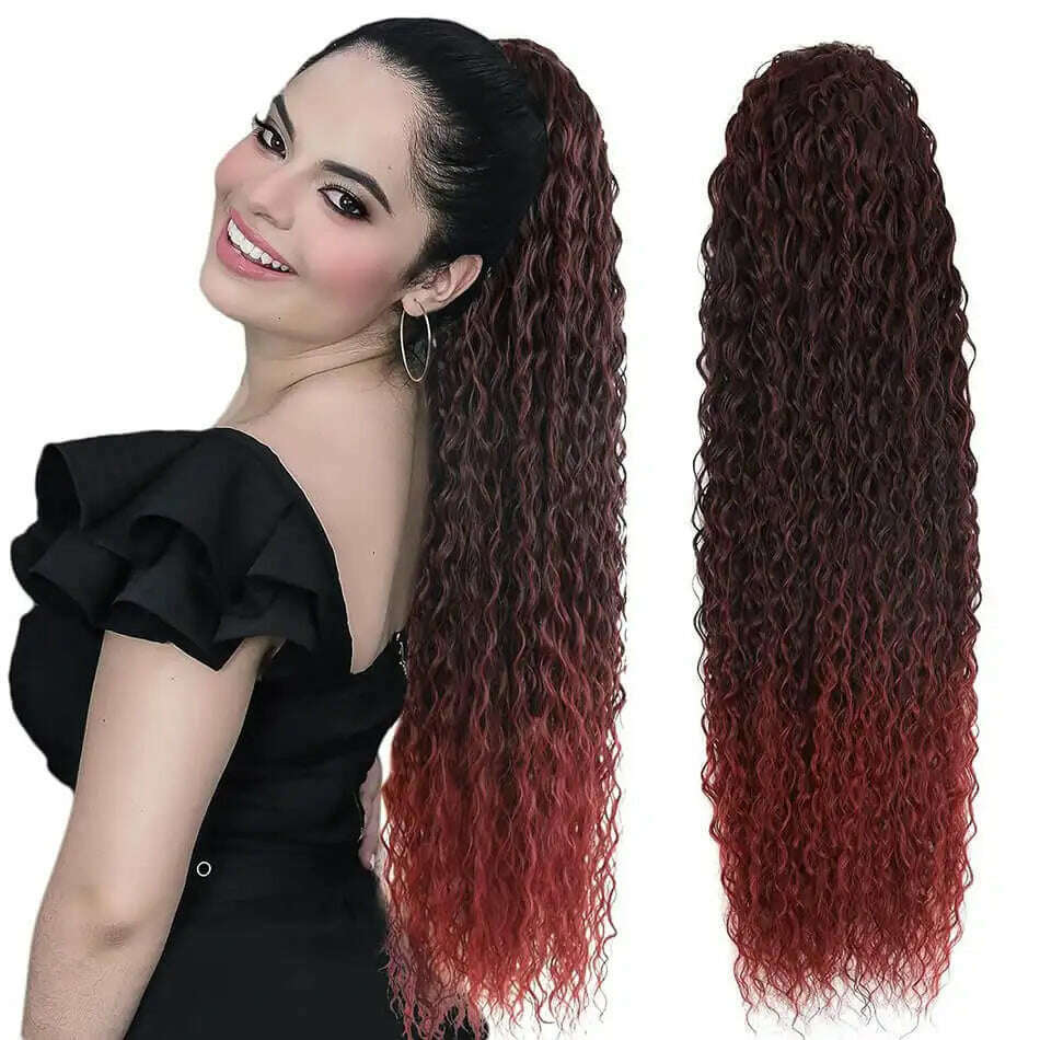 KIMLUD, Synthetic Drawstring Ponytail Long Kinky Curly Ponytail Organic Chip-In Hair Extension P4/27 Clip In Pony-Tail By YAKIBEAUTY, CW 1B-Burg / 32inches 85cm, KIMLUD APPAREL - Womens Clothes