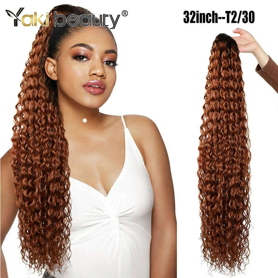 KIMLUD, Synthetic Drawstring Ponytail Long Kinky Curly Ponytail Organic Chip-In Hair Extension P4/27 Clip In Pony-Tail By YAKIBEAUTY, CW T2-30 / 32inches 85cm, KIMLUD APPAREL - Womens Clothes