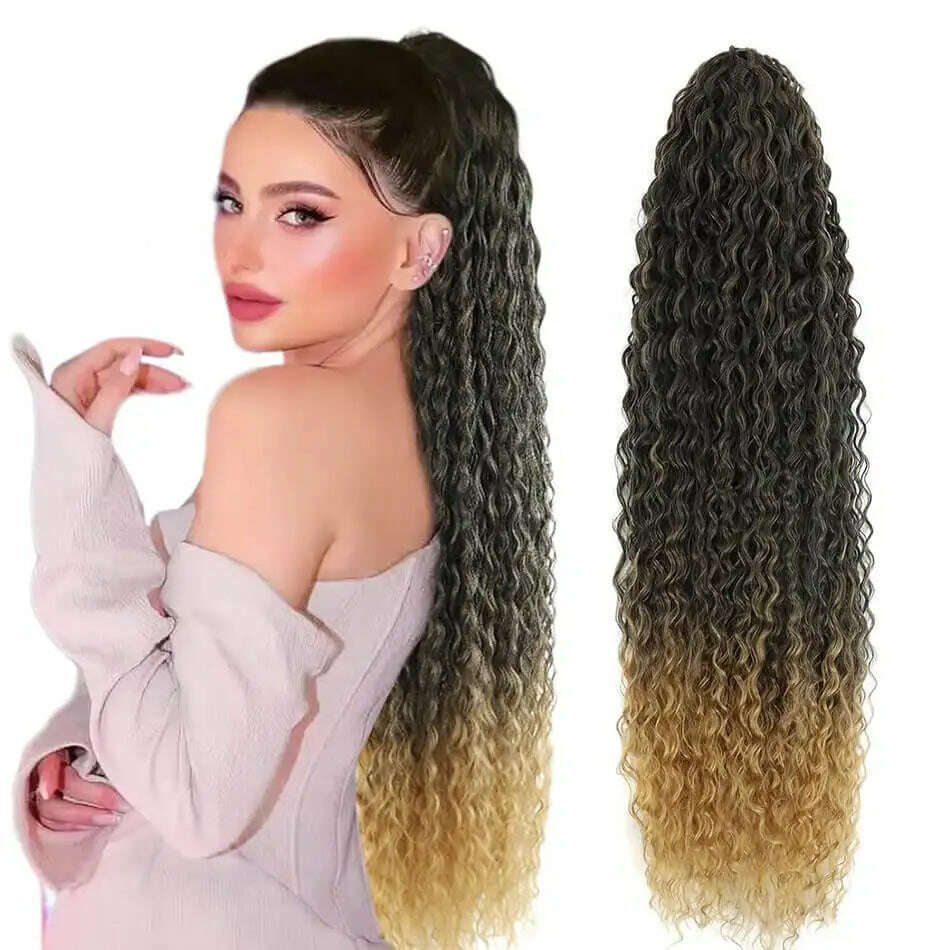 KIMLUD, Synthetic Drawstring Ponytail Long Kinky Curly Ponytail Organic Chip-In Hair Extension P4/27 Clip In Pony-Tail By YAKIBEAUTY, CW TT4-27 / 32inches 85cm, KIMLUD APPAREL - Womens Clothes
