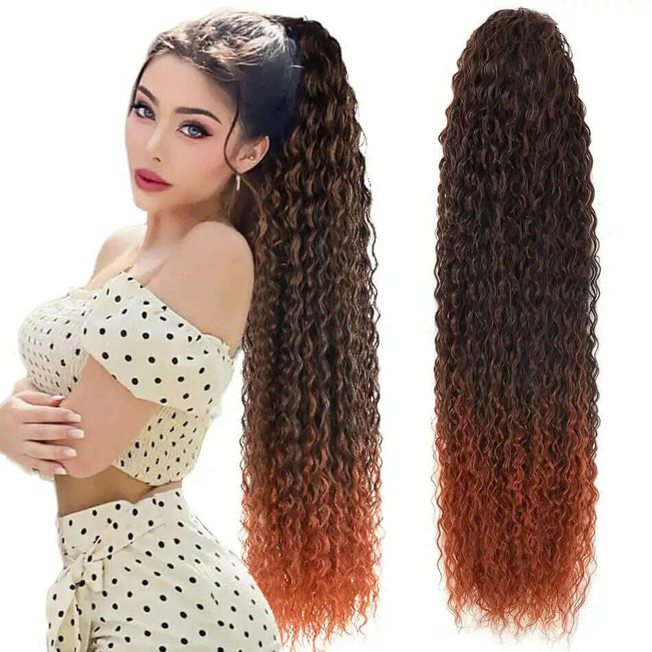 KIMLUD, Synthetic Drawstring Ponytail Long Kinky Curly Ponytail Organic Chip-In Hair Extension P4/27 Clip In Pony-Tail By YAKIBEAUTY, CW 1B-350 / 32inches 85cm, KIMLUD APPAREL - Womens Clothes