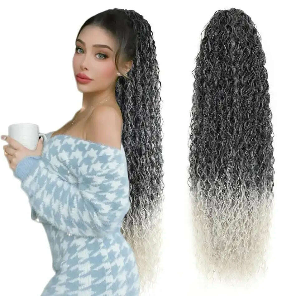 KIMLUD, Synthetic Drawstring Ponytail Long Kinky Curly Ponytail Organic Chip-In Hair Extension P4/27 Clip In Pony-Tail By YAKIBEAUTY, CW 1B-Gray / 32inches 85cm, KIMLUD APPAREL - Womens Clothes