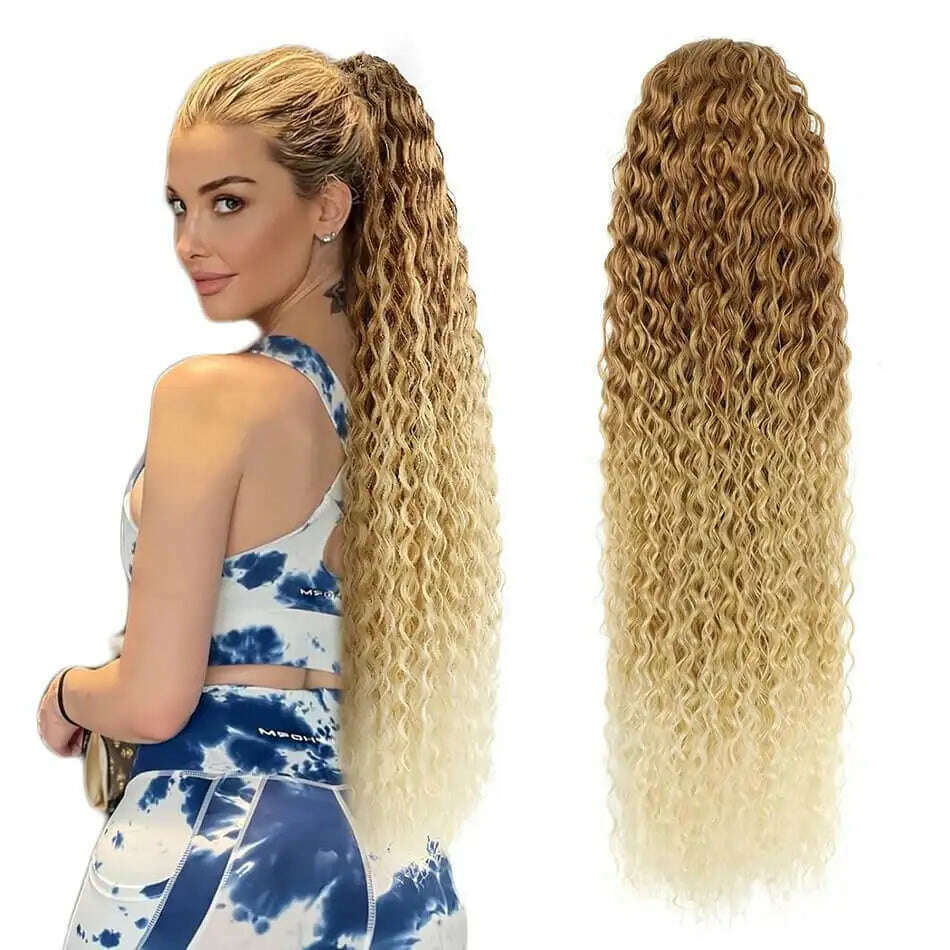 KIMLUD, Synthetic Drawstring Ponytail Long Kinky Curly Ponytail Organic Chip-In Hair Extension P4/27 Clip In Pony-Tail By YAKIBEAUTY, 27-613 / 32inches 85cm, KIMLUD APPAREL - Womens Clothes