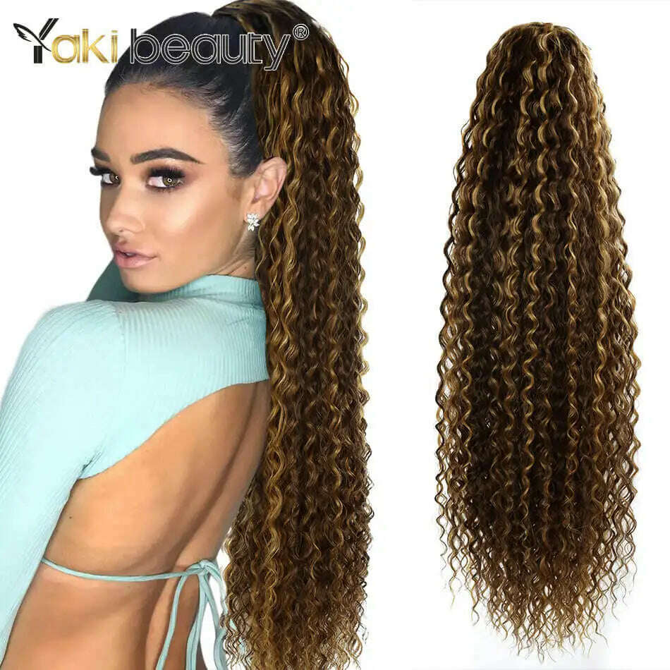 KIMLUD, Synthetic Drawstring Ponytail Long Kinky Curly Ponytail Organic Chip-In Hair Extension P4/27 Clip In Pony-Tail By YAKIBEAUTY, CW P4-27 / 32inches 85cm, KIMLUD APPAREL - Womens Clothes