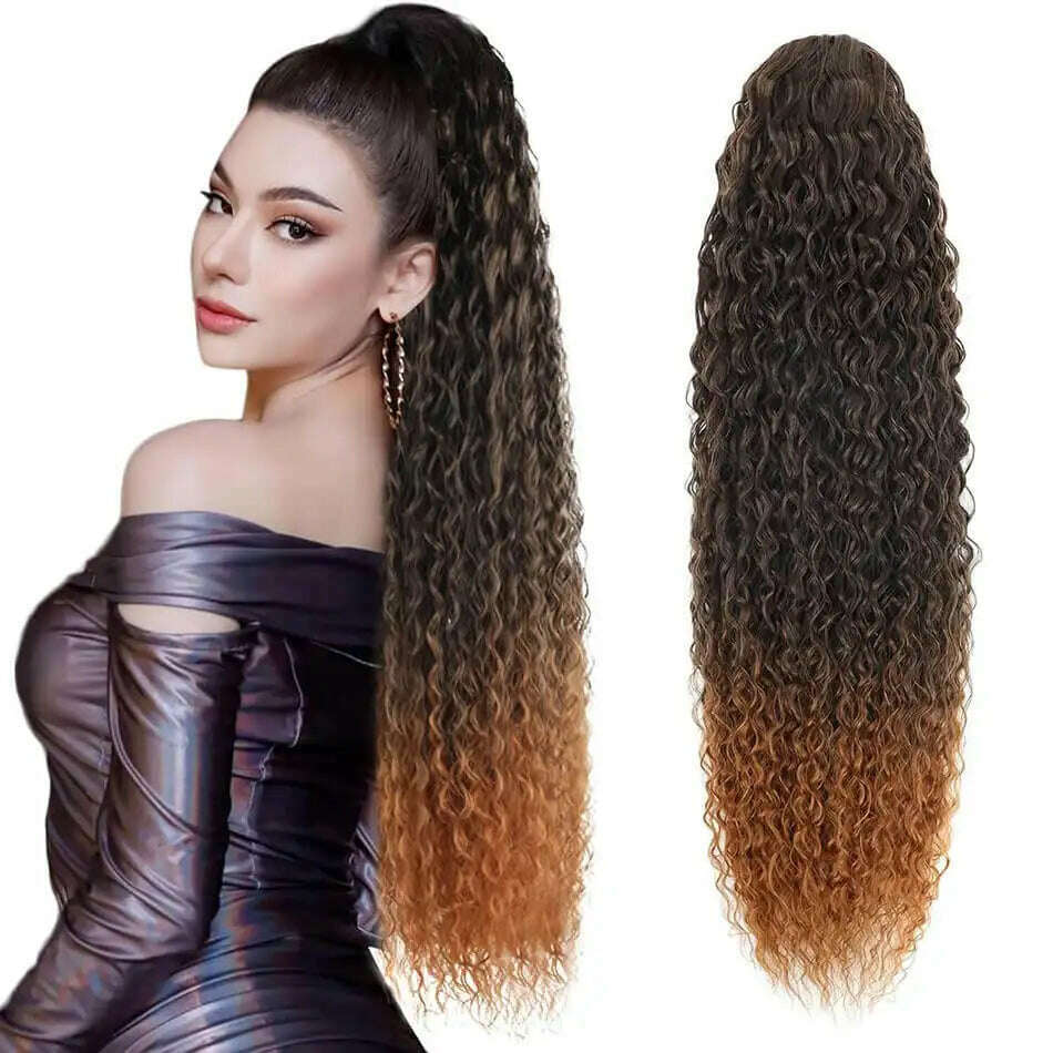 KIMLUD, Synthetic Drawstring Ponytail Long Kinky Curly Ponytail Organic Chip-In Hair Extension P4/27 Clip In Pony-Tail By YAKIBEAUTY, CW 4-30 / 32inches 85cm, KIMLUD APPAREL - Womens Clothes