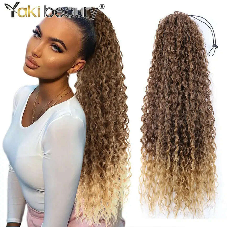 KIMLUD, Synthetic Drawstring Ponytail Long Kinky Curly Ponytail Organic Chip-In Hair Extension P4/27 Clip In Pony-Tail By YAKIBEAUTY, CW MT4-27 / 32inches 85cm, KIMLUD APPAREL - Womens Clothes