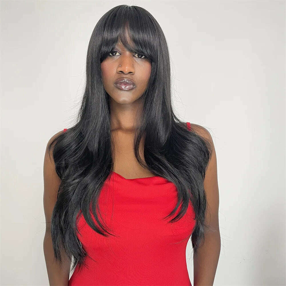 KIMLUD, Synthetic Wavy Wigs with Bangs High Temperature Fiber Hair Black Long Wig for Black Women, KIMLUD Womens Clothes