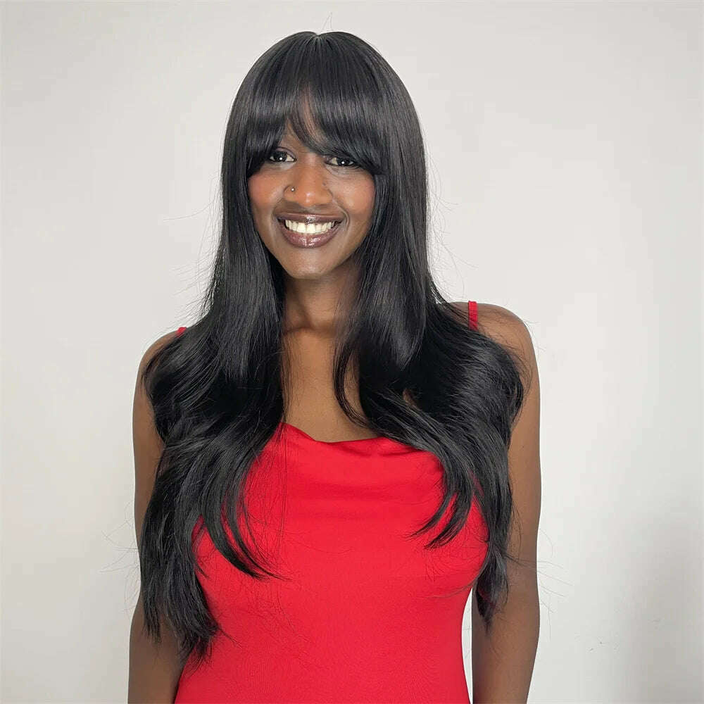 KIMLUD, Synthetic Wavy Wigs with Bangs High Temperature Fiber Hair Black Long Wig for Black Women, #1B / 26inches, KIMLUD APPAREL - Womens Clothes