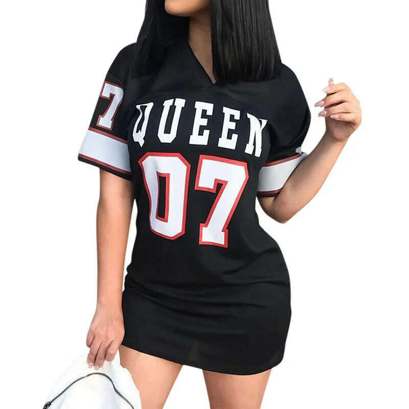 KIMLUD, T Shirt Dress Women Short Dress Hip Hop Queen Printed Long T Shirt Loose V Neck Sexy Mini Dress Robe Camiseta Vestidos, black / XXL, KIMLUD Womens Clothes