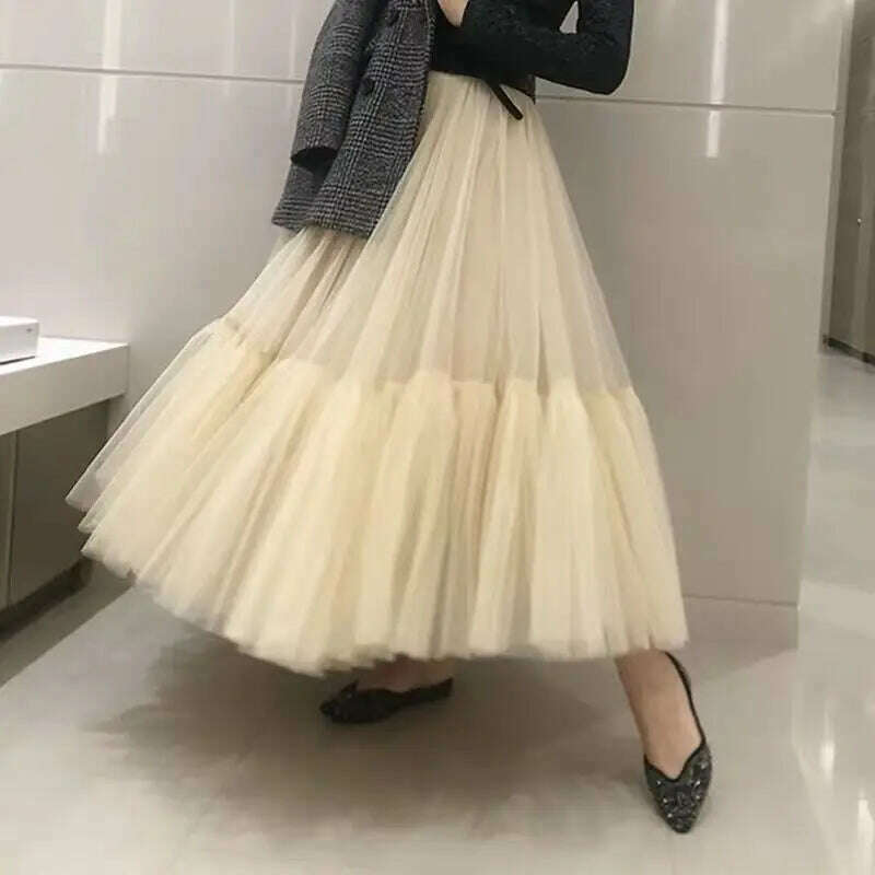 KIMLUD, TAFN 90 cm Runway Luxury Soft Tulle Skirt Hand-made Maxi Long Pleated Skirts Womens Vintage Petticoat Voile Jupes Falda, Beige / One Size, KIMLUD APPAREL - Womens Clothes