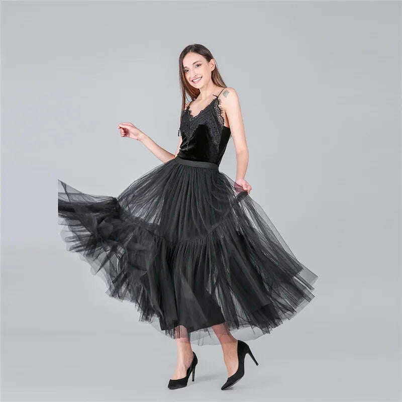 KIMLUD, TAFN 90 cm Runway Luxury Soft Tulle Skirt Hand-made Maxi Long Pleated Skirts Womens Vintage Petticoat Voile Jupes Falda, black / One Size, KIMLUD APPAREL - Womens Clothes