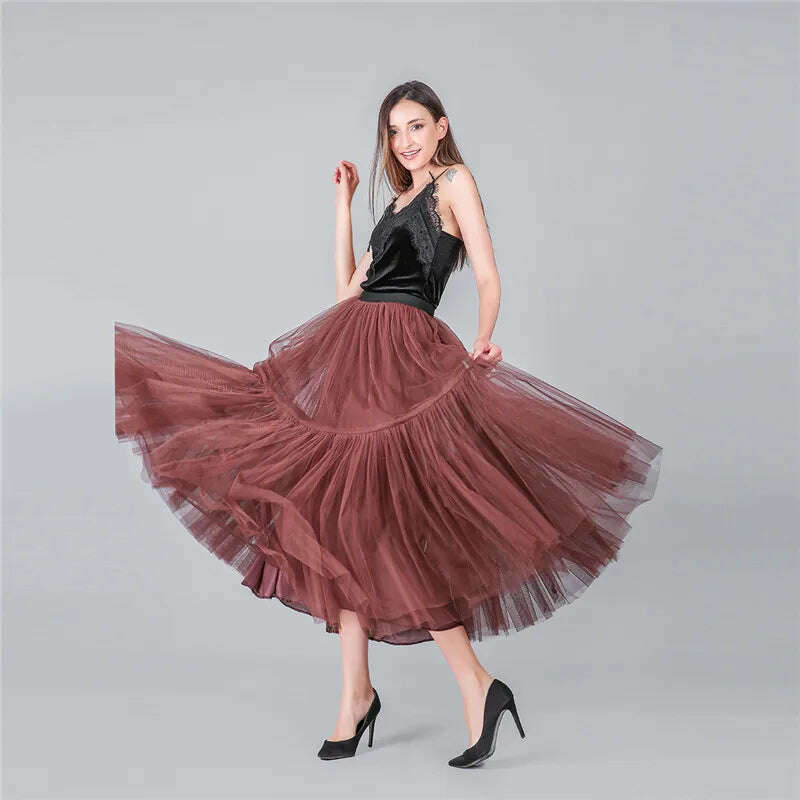 KIMLUD, TAFN 90 cm Runway Luxury Soft Tulle Skirt Hand-made Maxi Long Pleated Skirts Womens Vintage Petticoat Voile Jupes Falda, coffee / One Size, KIMLUD APPAREL - Womens Clothes