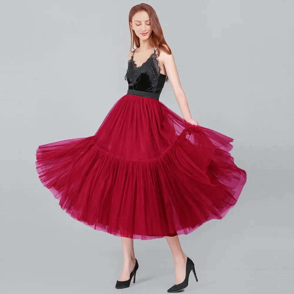 KIMLUD, TAFN 90 cm Runway Luxury Soft Tulle Skirt Hand-made Maxi Long Pleated Skirts Womens Vintage Petticoat Voile Jupes Falda, wine red / One Size, KIMLUD APPAREL - Womens Clothes