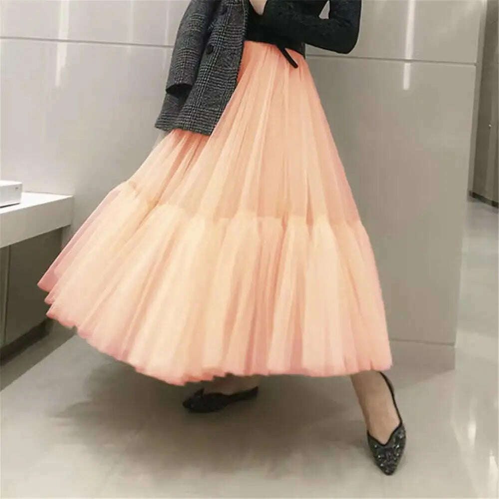 KIMLUD, TAFN 90 cm Runway Luxury Soft Tulle Skirt Hand-made Maxi Long Pleated Skirts Womens Vintage Petticoat Voile Jupes Falda, peach / One Size, KIMLUD APPAREL - Womens Clothes