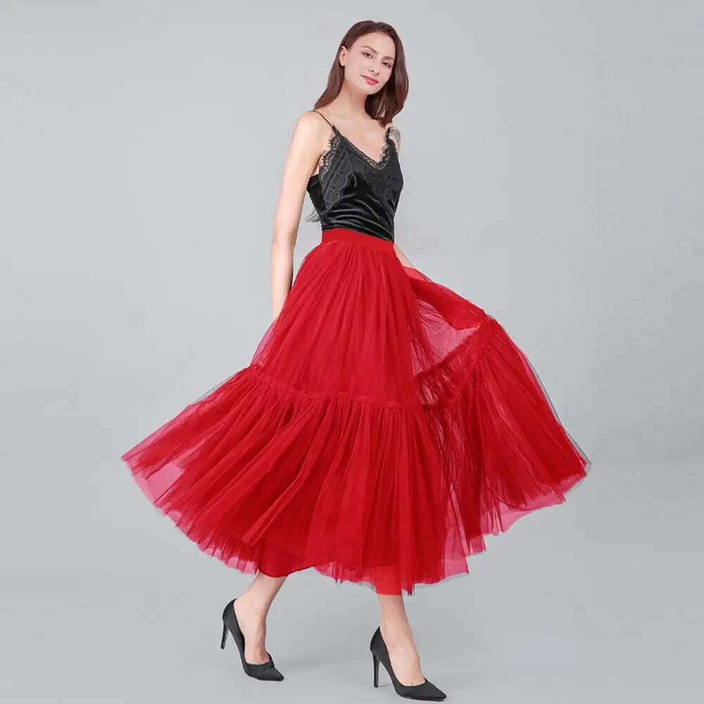 KIMLUD, TAFN 90 cm Runway Luxury Soft Tulle Skirt Hand-made Maxi Long Pleated Skirts Womens Vintage Petticoat Voile Jupes Falda, Red / One Size, KIMLUD APPAREL - Womens Clothes