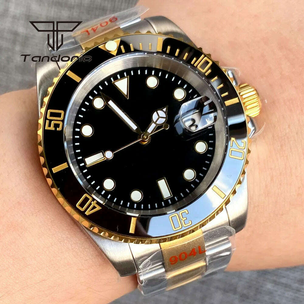 KIMLUD, Tandorio Two Tone Golden 40mm Men's Automatic Dive Watch Sapphire Glass Rotating Bezel Bracelet Luminous NH35 Movement, black sterile dial / steel back, KIMLUD APPAREL - Womens Clothes