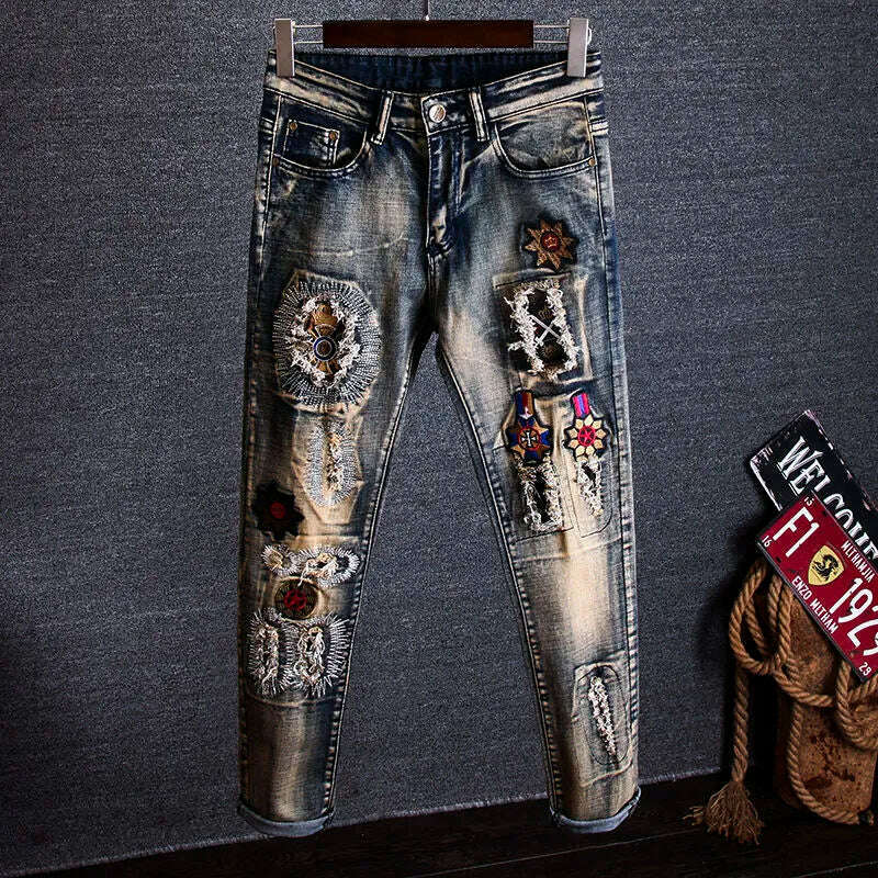 KIMLUD, Tapered Graphic Jeans for Men with Print Hip Hop Motorcycle Mens Cowboy Pants Boot Cut Summer High Quality Straight Xs Trousers, T3 Blue / 28, KIMLUD APPAREL - Womens Clothes
