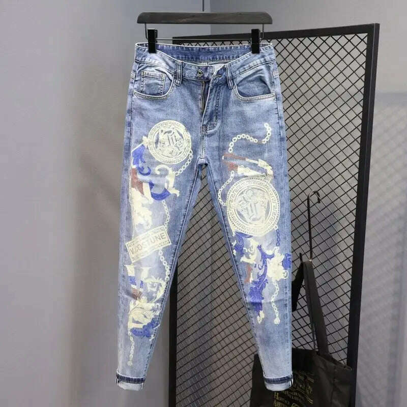 KIMLUD, Tapered Graphic Jeans for Men with Print Hip Hop Motorcycle Mens Cowboy Pants Boot Cut Summer High Quality Straight Xs Trousers, KIMLUD Womens Clothes