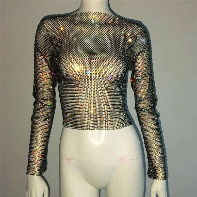 KIMLUD, TARUXY Evening Club Party Sparkly Tops For Women Diamonds Cropped Top Outfits Y2k Accessories Hollow Out Glitter Fishnet Tops, KIMLUD Womens Clothes