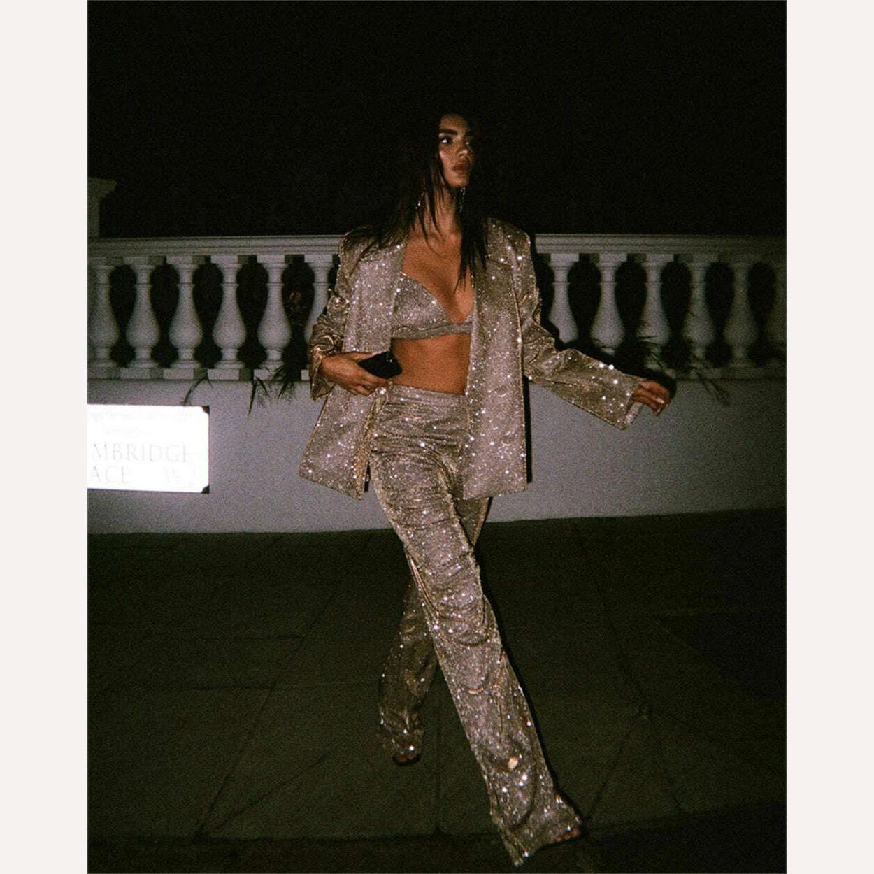 TARUXY Sliver Sparkly OVersized Blazer Sets For Women Suit Ladies Casual Glitter Coat And Pants Sets Blazer Femme Mujer Party - KIMLUD