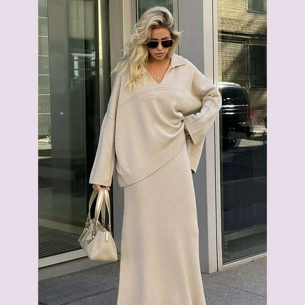TARUXY Solid Loose Sweater Suit Female Fashion V-Neck Knit Pollover Top Long Skirt High Waist Autumn Winter Skirt 2 Piece Set - KIMLUD