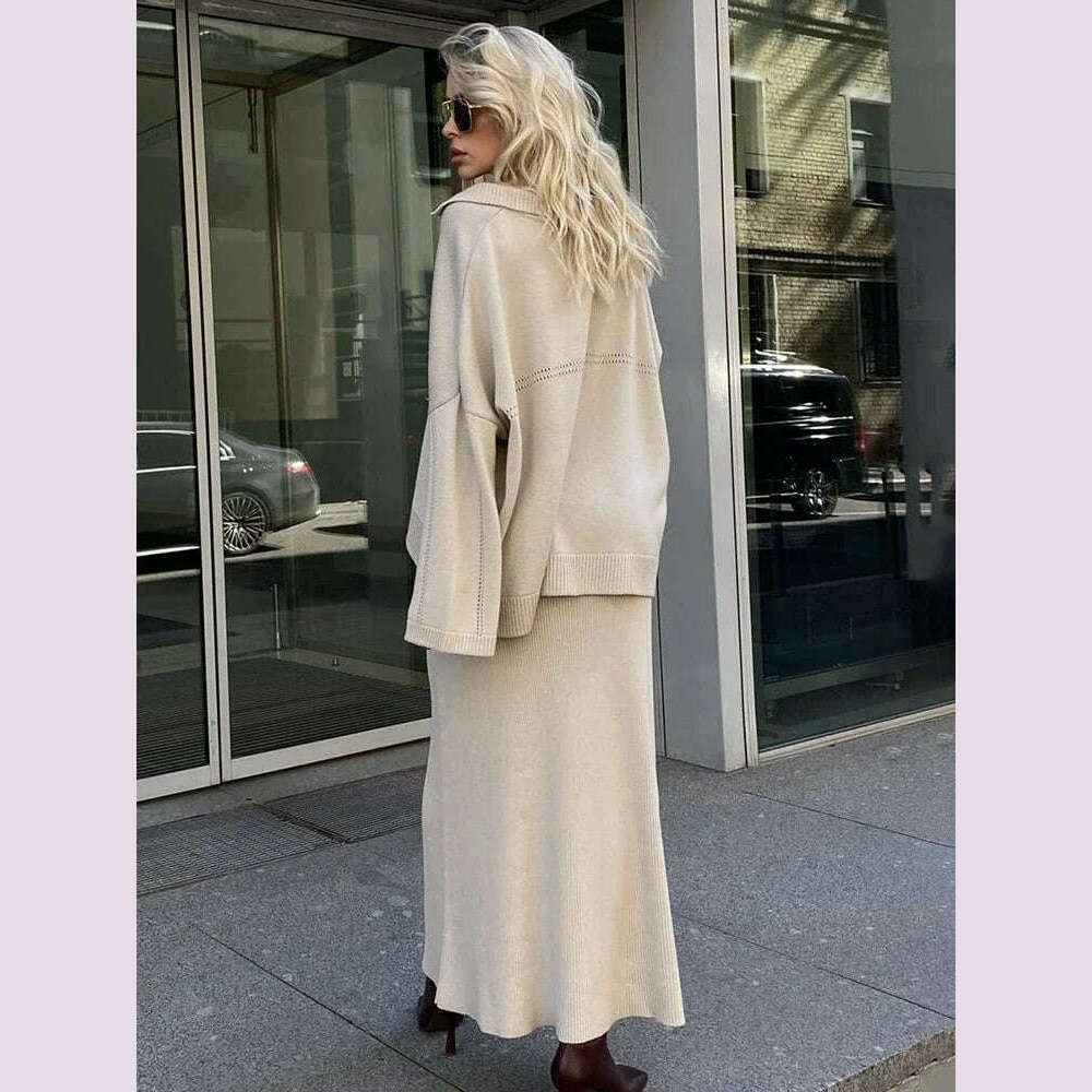 TARUXY Solid Loose Sweater Suit Female Fashion V-Neck Knit Pollover Top Long Skirt High Waist Autumn Winter Skirt 2 Piece Set - KIMLUD