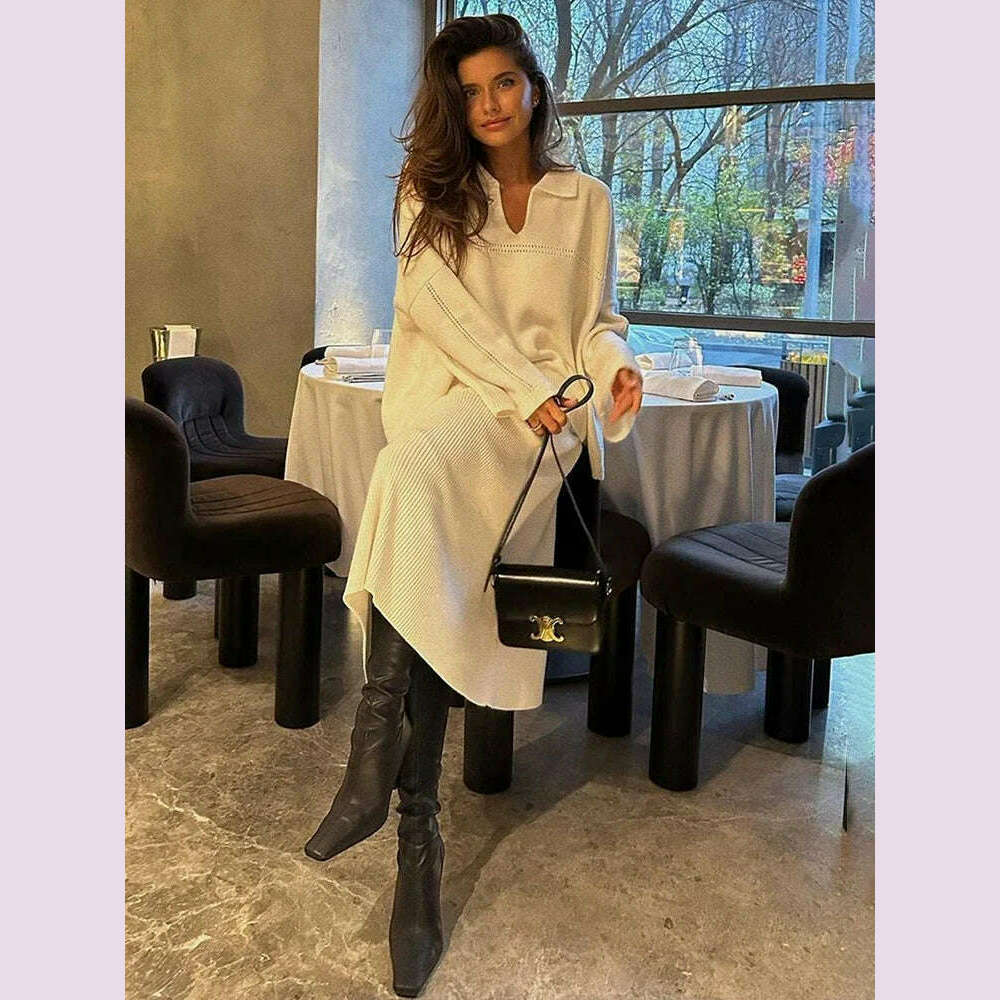 TARUXY Solid Loose Sweater Suit Female Fashion V-Neck Knit Pollover Top Long Skirt High Waist Autumn Winter Skirt 2 Piece Set - KIMLUD