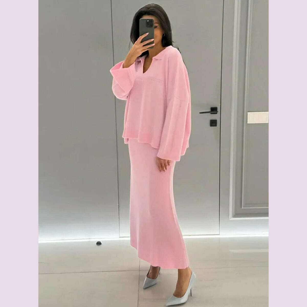 TARUXY Solid Loose Sweater Suit Female Fashion V-Neck Knit Pollover Top Long Skirt High Waist Autumn Winter Skirt 2 Piece Set - KIMLUD