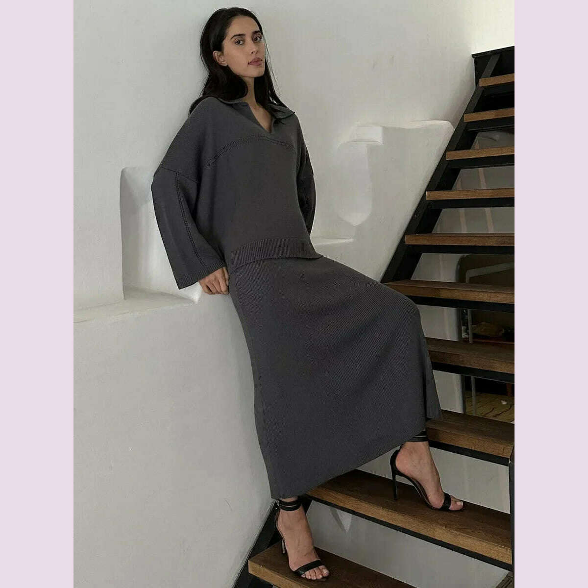 TARUXY Solid Loose Sweater Suit Female Fashion V-Neck Knit Pollover Top Long Skirt High Waist Autumn Winter Skirt 2 Piece Set - KIMLUD