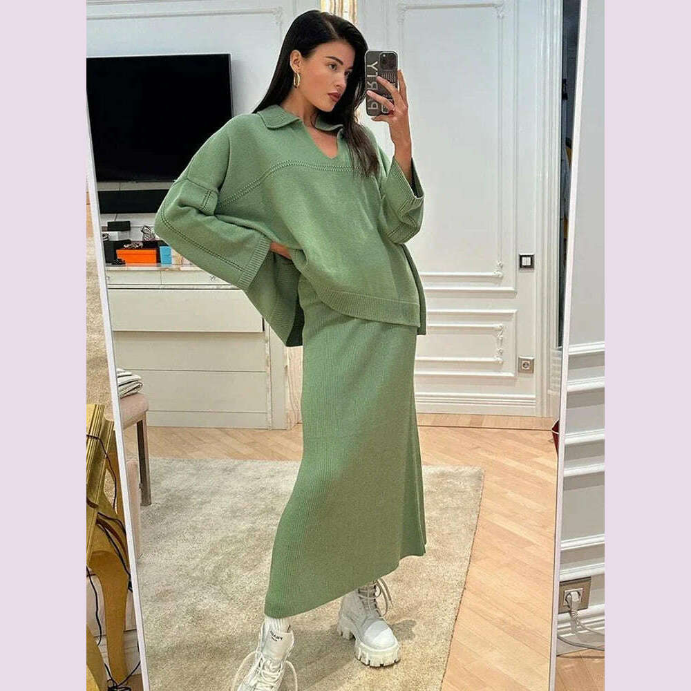 TARUXY Solid Loose Sweater Suit Female Fashion V-Neck Knit Pollover Top Long Skirt High Waist Autumn Winter Skirt 2 Piece Set - KIMLUD