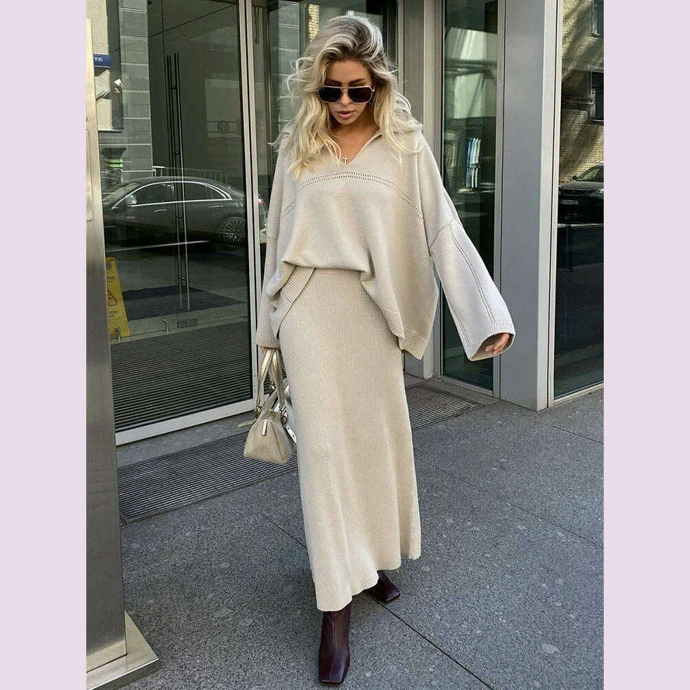 TARUXY Solid Loose Sweater Suit Female Fashion V-Neck Knit Pollover Top Long Skirt High Waist Autumn Winter Skirt 2 Piece Set - KIMLUD