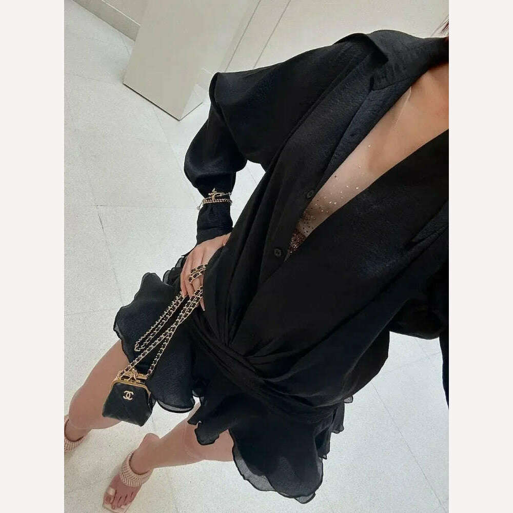 KIMLUD, TARUXY White Chiffon Mini Dress For Women Casual Loose Oversized Pleated Mini Dress See-through Summer Beach Elegant Shirt Dress, KIMLUD Womens Clothes