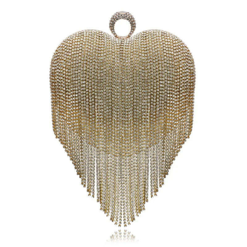 KIMLUD, Tassel Women Evening Bags Diamonds Heart Design Fashion Rhinestones Day Clutch One Side Handle Handbags Purse, YM1106gold, KIMLUD APPAREL - Womens Clothes