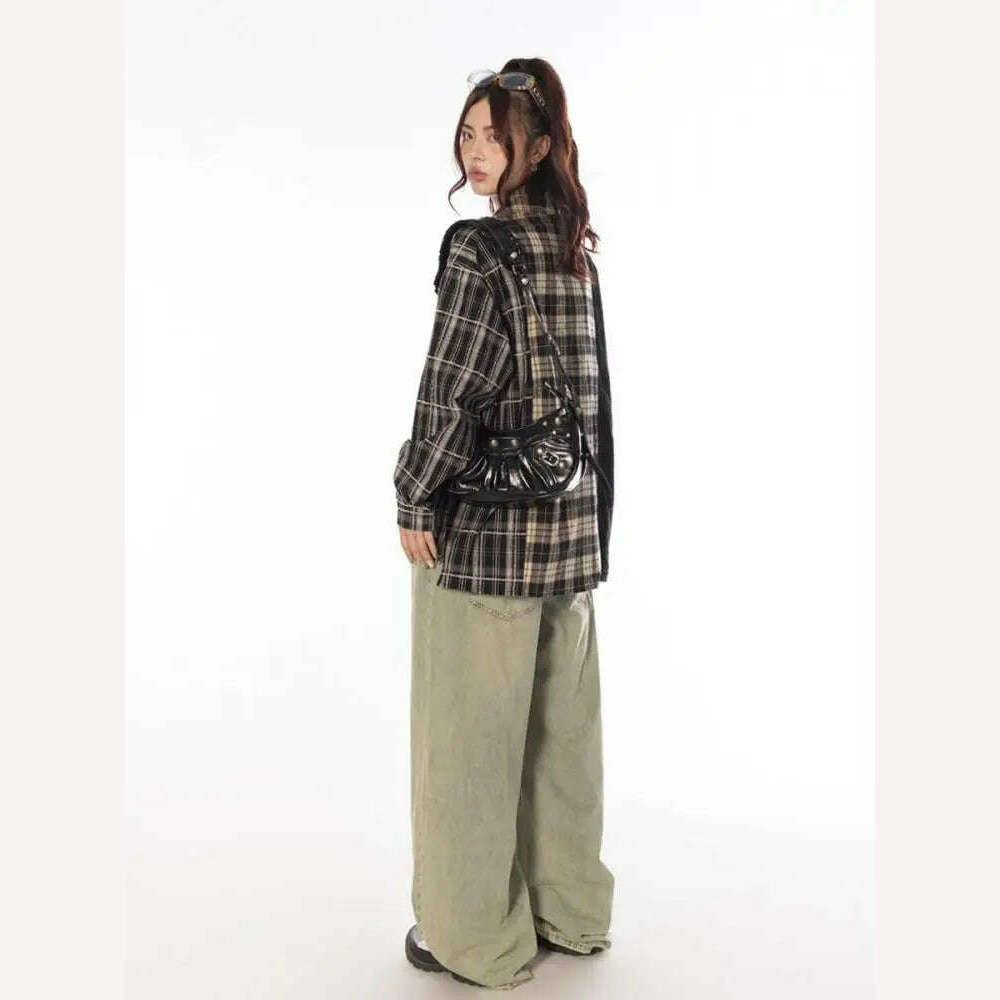 KIMLUD, Tawaaiw Streetwear Patchwork Plaid Shirt Women Long Sleeve Korean Style Single Breasted High Quality Cotton Loose Blouse Chic, KIMLUD Womens Clothes