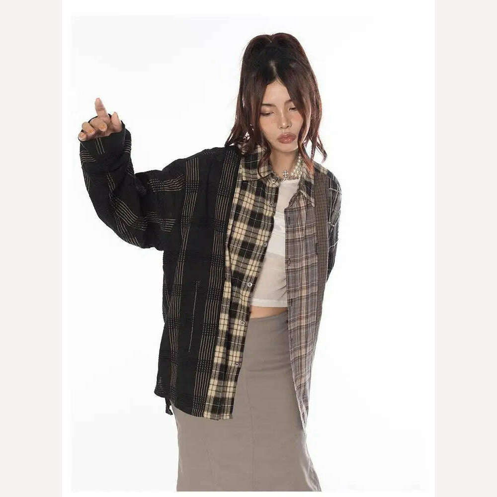 KIMLUD, Tawaaiw Streetwear Patchwork Plaid Shirt Women Long Sleeve Korean Style Single Breasted High Quality Cotton Loose Blouse Chic, MULTI / S, KIMLUD Womens Clothes