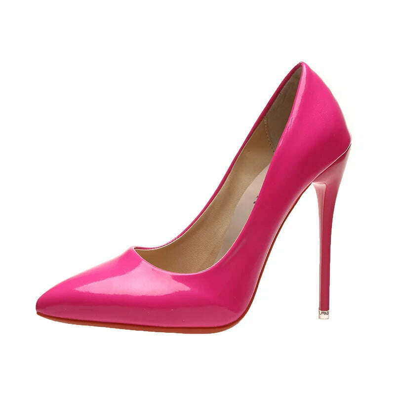 KIMLUD, Temperament 12cm Super High Thin Heels Shoes Women Pumps Pointed Toe Colorful Patent Leather Stiletto Wedding Shoe Size 45, ROSE / 45, KIMLUD APPAREL - Womens Clothes