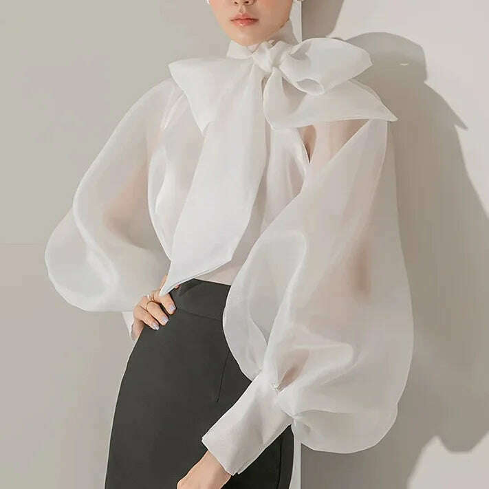 KIMLUD, TEROKINIZO Bow Knot Lace Up Chiffon Blouse Women High Street See Through Solid Color Shirts Female Temperament Blusas Mujer, white / S, KIMLUD APPAREL - Womens Clothes