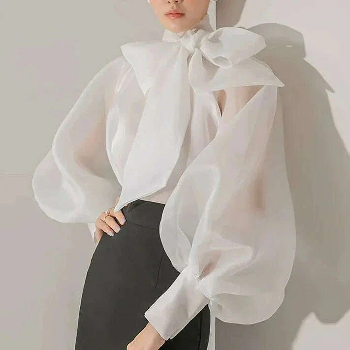 KIMLUD, TEROKINIZO Bow Knot Lace Up Chiffon Blouse Women High Street See Through Solid Color Shirts Female Temperament Blusas Mujer, KIMLUD Womens Clothes