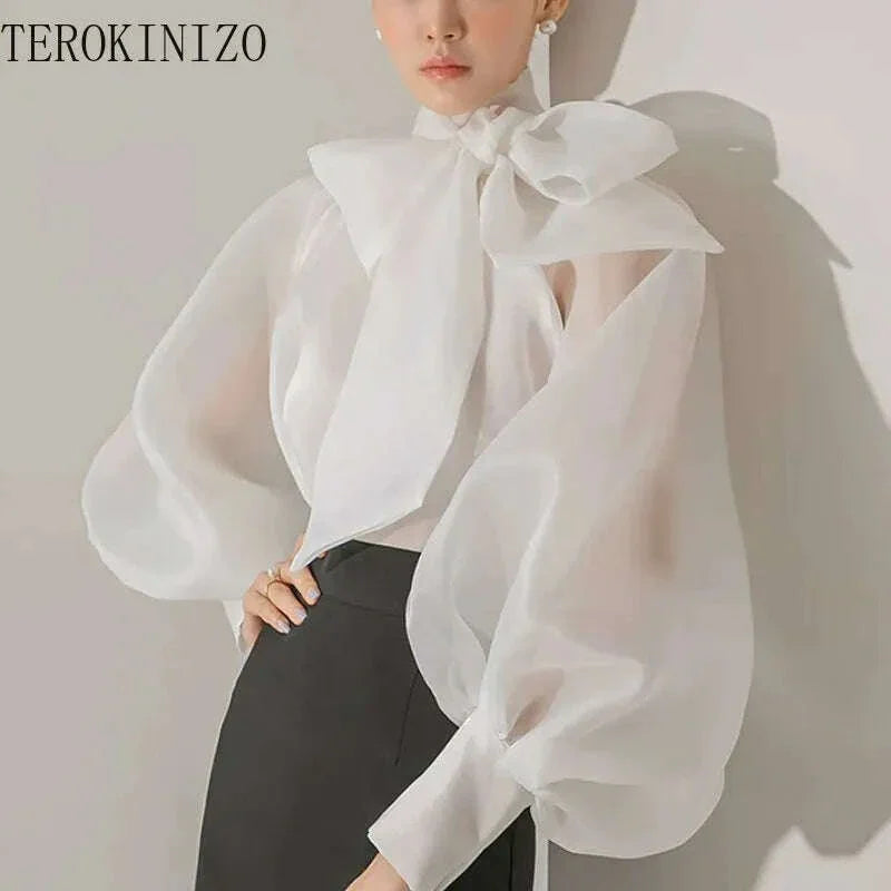 KIMLUD, TEROKINIZO Bow Knot Lace Up Chiffon Blouse Women High Street See Through Solid Color Shirts Female Temperament Blusas Mujer, KIMLUD Womens Clothes