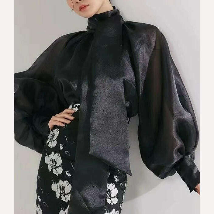 KIMLUD, TEROKINIZO Bow Knot Lace Up Chiffon Blouse Women High Street See Through Solid Color Shirts Female Temperament Blusas Mujer, KIMLUD Womens Clothes