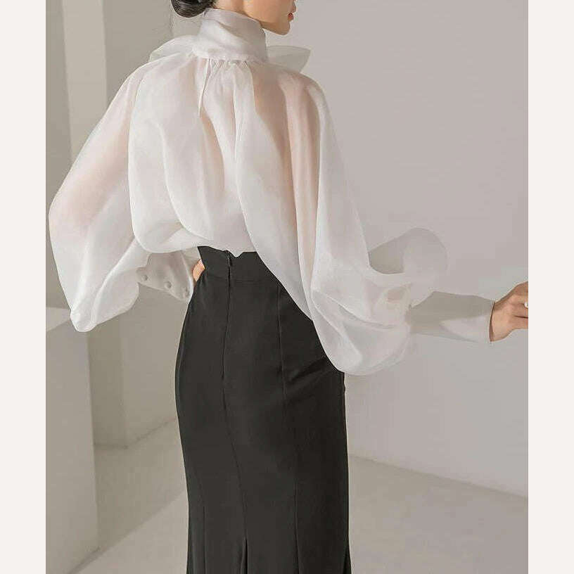 KIMLUD, TEROKINIZO Bow Knot Lace Up Chiffon Blouse Women High Street See Through Solid Color Shirts Female Temperament Blusas Mujer, KIMLUD Womens Clothes