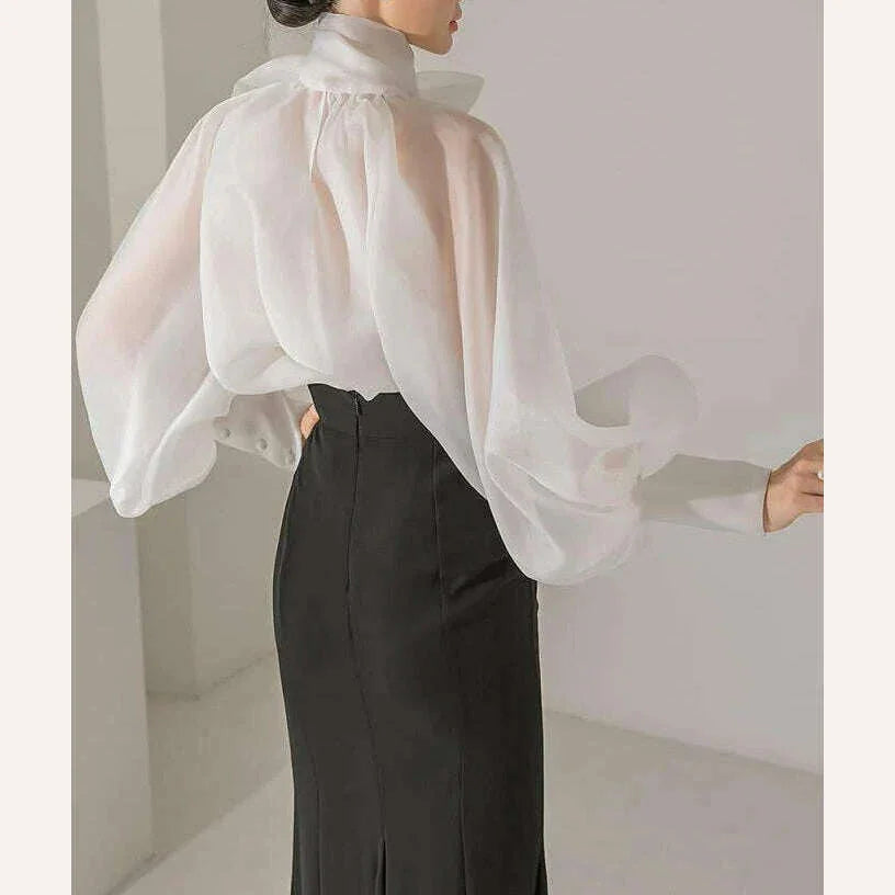 KIMLUD, TEROKINIZO Bow Knot Lace Up Chiffon Blouse Women High Street See Through Solid Color Shirts Female Temperament Blusas Mujer, KIMLUD Womens Clothes