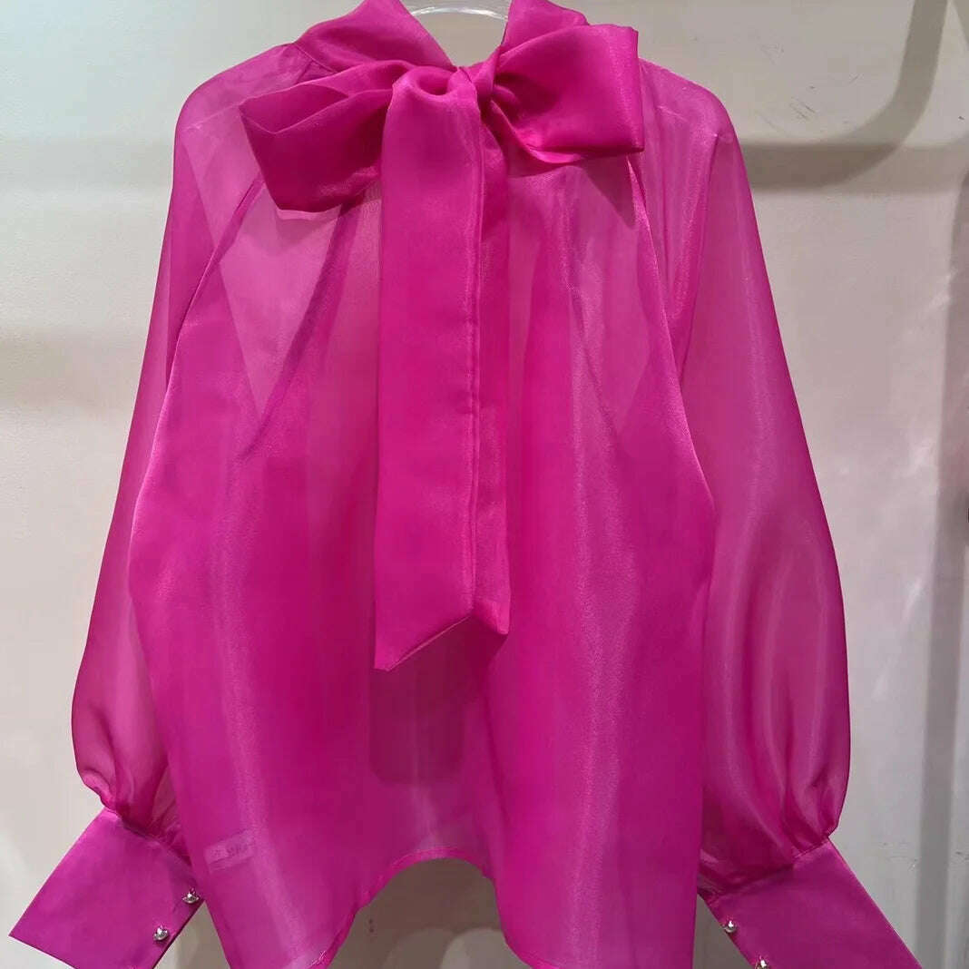 KIMLUD, TEROKINIZO Bow Knot Lace Up Chiffon Blouse Women High Street See Through Solid Color Shirts Female Temperament Blusas Mujer, Rose red / S, KIMLUD APPAREL - Womens Clothes