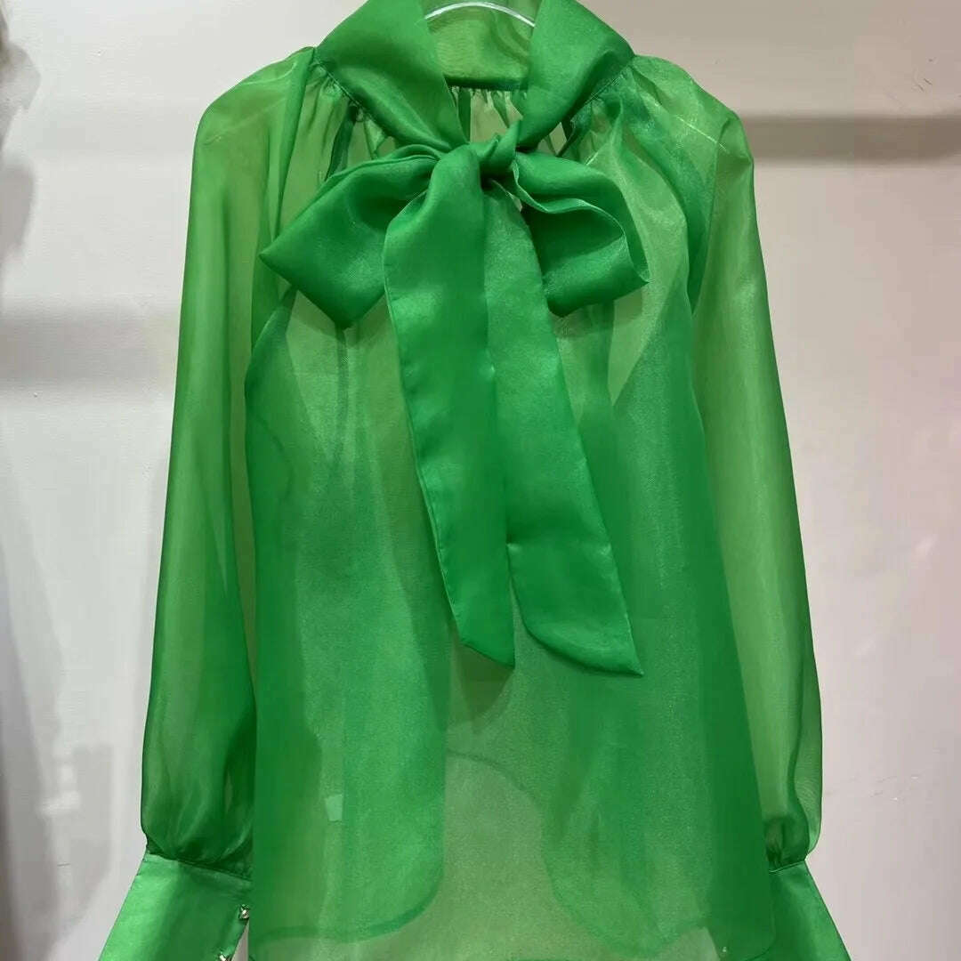 KIMLUD, TEROKINIZO Bow Knot Lace Up Chiffon Blouse Women High Street See Through Solid Color Shirts Female Temperament Blusas Mujer, green / S, KIMLUD APPAREL - Womens Clothes