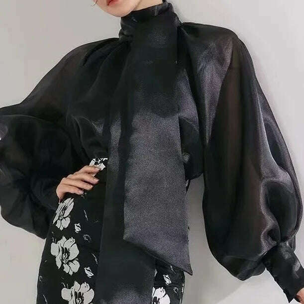 KIMLUD, TEROKINIZO Bow Knot Lace Up Chiffon Blouse Women High Street See Through Solid Color Shirts Female Temperament Blusas Mujer, black / S, KIMLUD APPAREL - Womens Clothes