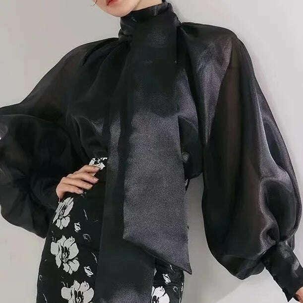 KIMLUD, TEROKINIZO Bow Knot Lace Up Chiffon Blouse Women High Street See Through Solid Color Shirts Female Temperament Blusas Mujer, KIMLUD Womens Clothes