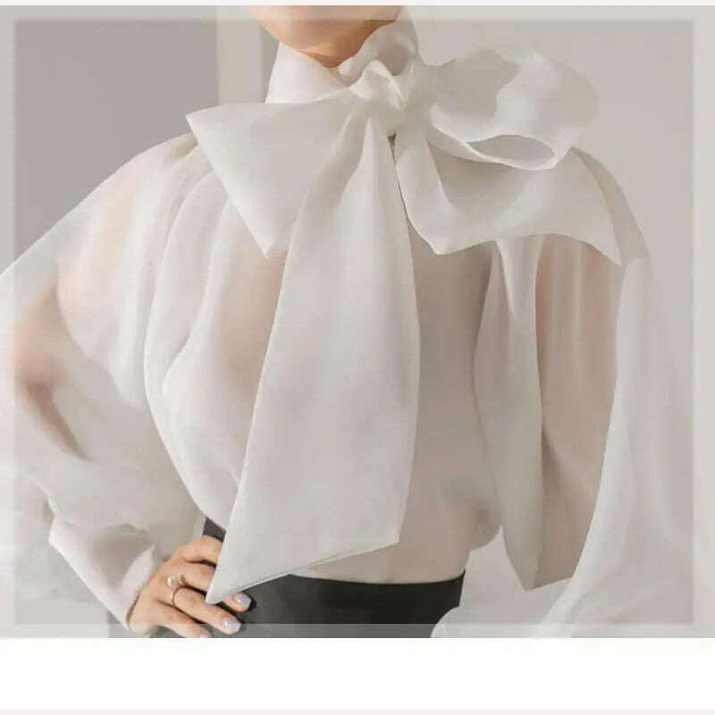KIMLUD, TEROKINIZO Bow Knot Lace Up Chiffon Blouse Women High Street See Through Solid Color Shirts Female Temperament Blusas Mujer, KIMLUD Womens Clothes
